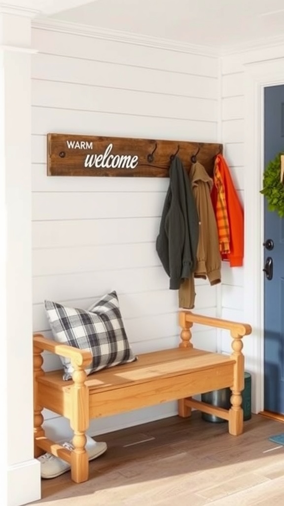 Welcoming entryway featuring a wooden farmhouse bench, plaid pillow, and a sign that says 'WARM welcome' with coats hanging on hooks.