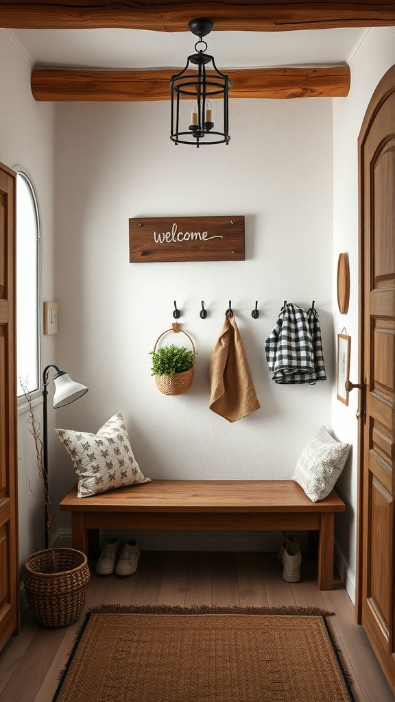 A cozy entryway featuring a wooden bench, decorative pillows, and wall hooks with a welcome sign.