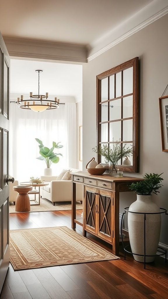 A cozy entryway with a wooden console table, a mirror, plants, and a rug, embodying country farmhouse decor.