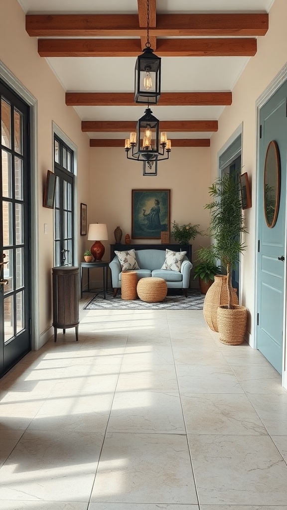 A welcoming entryway with wooden beams, light blue sofa, and natural light.