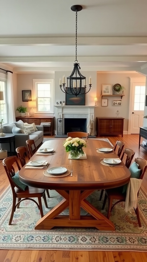 Cozy farmhouse style living room dining room combo with wooden table and elegant chandelier.