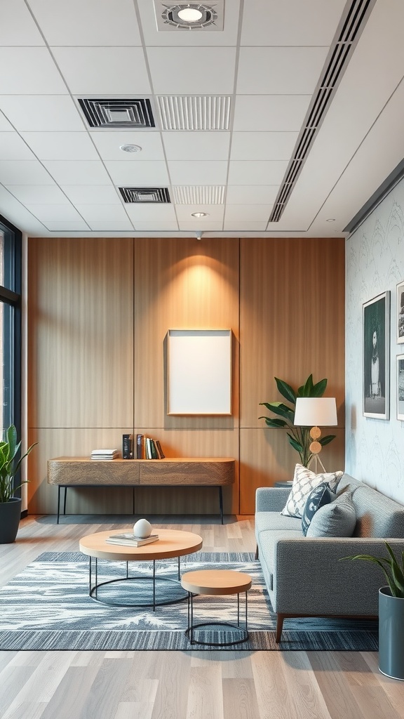 A modern reception area featuring a cozy couch, coffee table, and wooden accents, designed for a welcoming atmosphere.