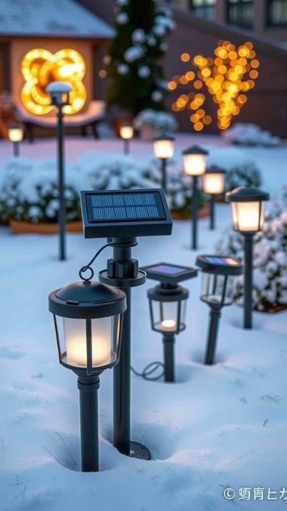 A winter outdoor scene featuring various solar uplighting options in the snow, showcasing their illumination against a snowy background.