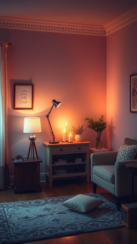Cozy low light room with warm pink walls and inviting furniture