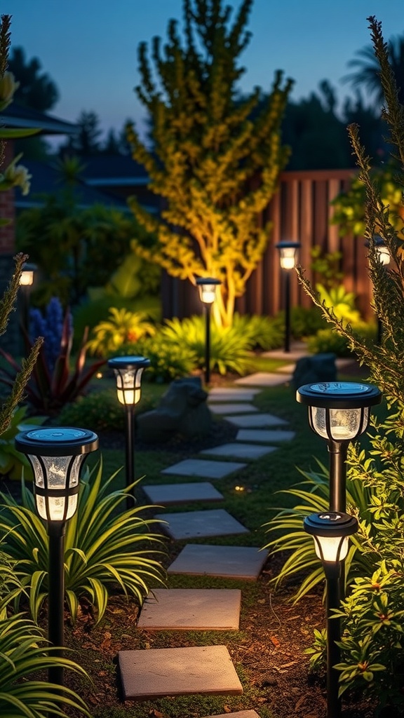 An outdoor pathway lit with solar uplighting, showcasing a well-designed garden area.