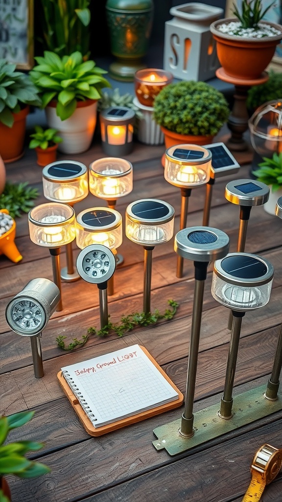 A variety of solar ground lights displayed among plants and a notebook titled 'Solar Ground Light'