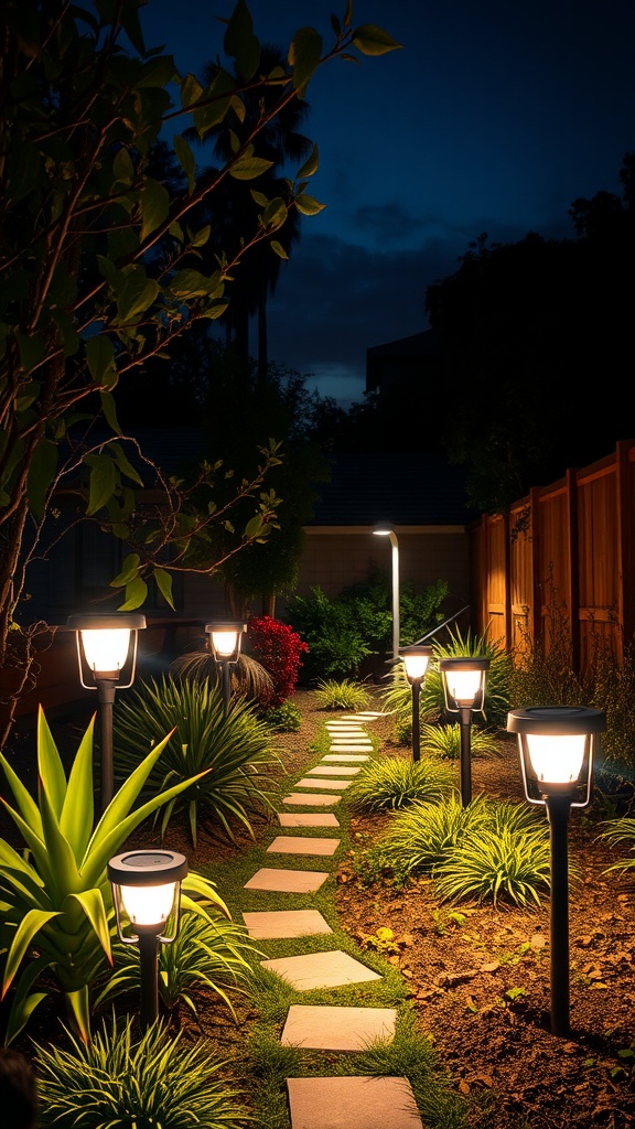A well-lit garden path at night, showcasing solar uplighting along the walkway.