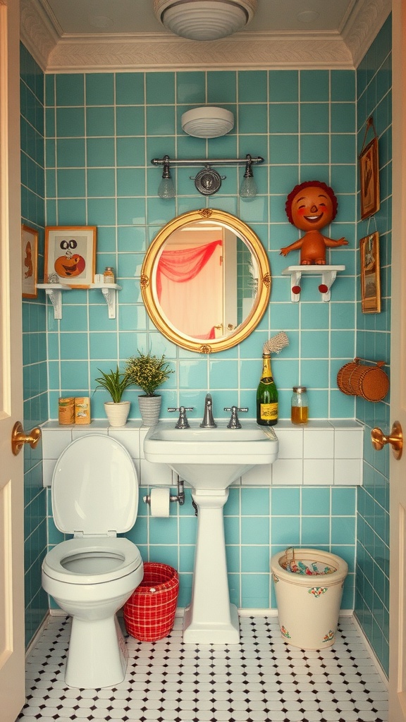 A colorful bathroom with turquoise tiles, playful doll decor, and cheerful accessories.