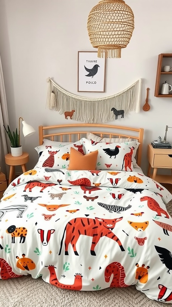 Colorful animal print bedding set featuring various playful creatures, complementing a cozy bedroom decor.