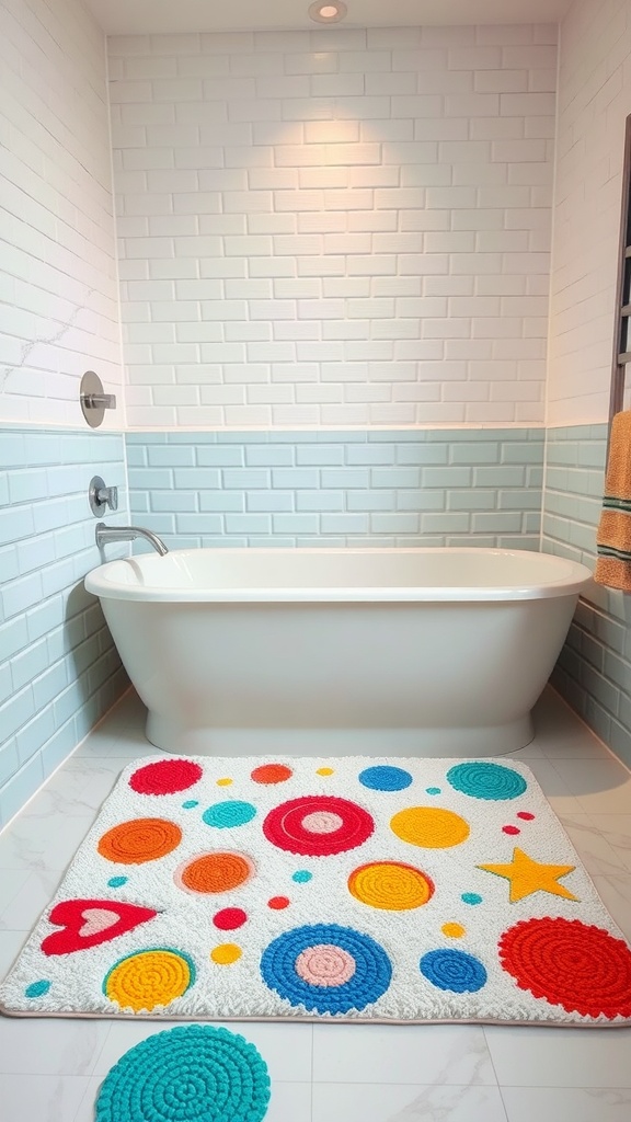 A vibrant bath mat with colorful patterns in a modern bathroom setting.