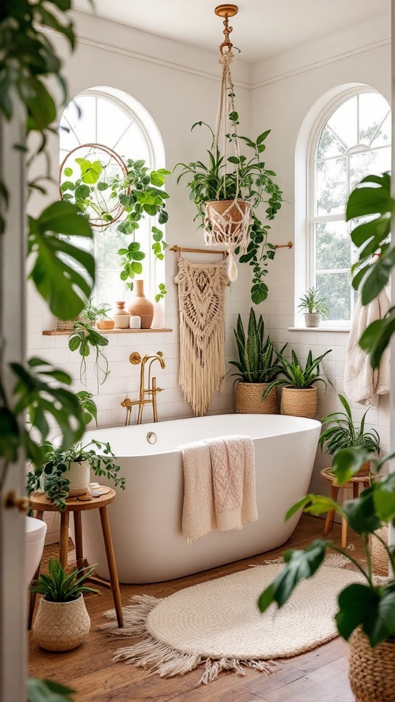 A beautifully decorated boho bathroom with hanging plants, woven baskets, and terracotta accents.