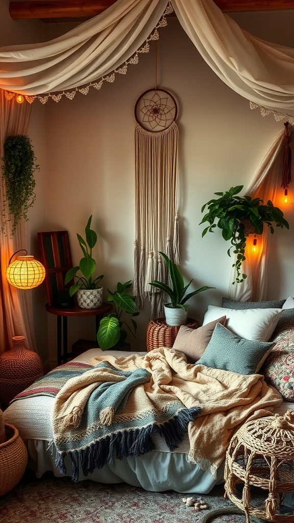 Cozy boho bedroom with layered blankets, plants, and soft lighting