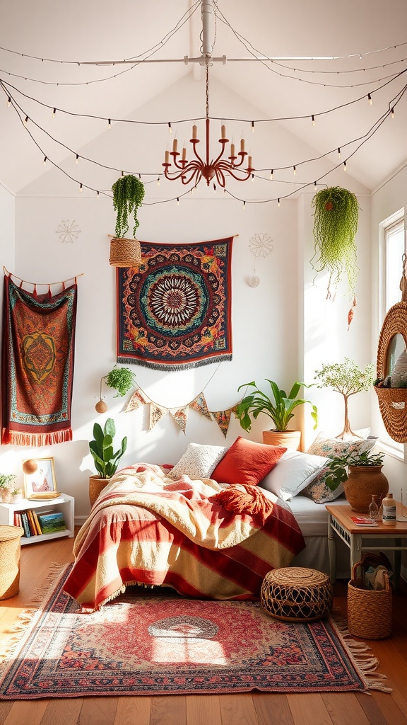 A whimsical boho-style bedroom featuring a cozy bed, colorful tapestries, string lights, and indoor plants.