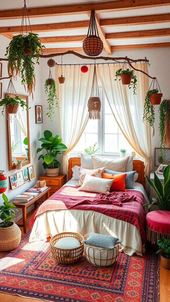 Cozy boho bedroom with plants, colorful textiles, and warm light.