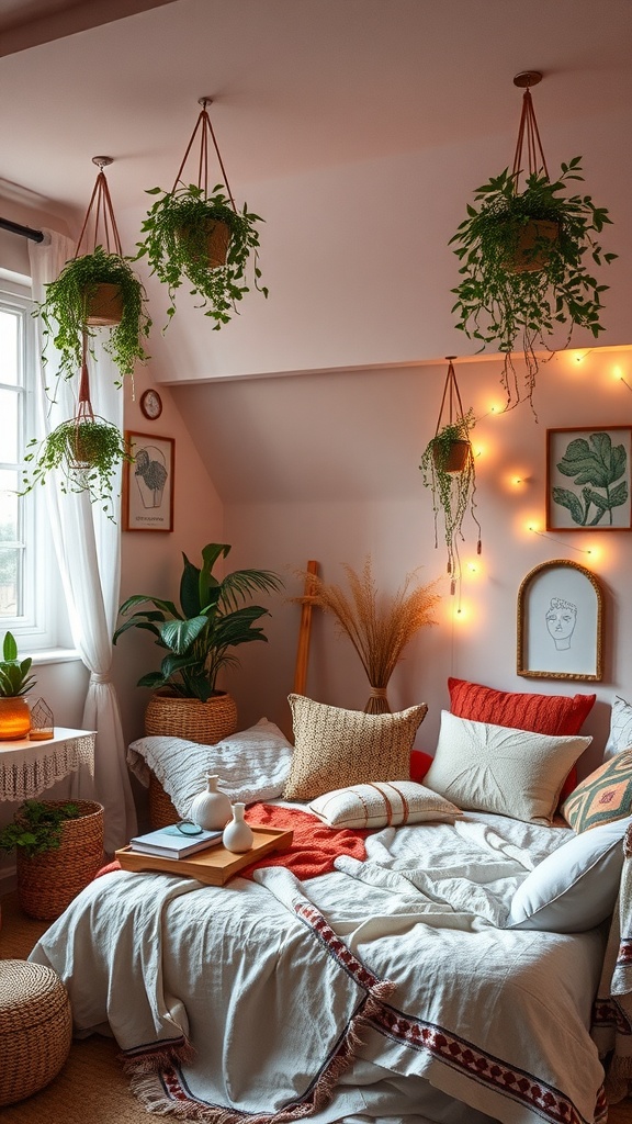 A cozy boho bedroom featuring hanging plants, ambient lighting, and a soft, inviting bed.