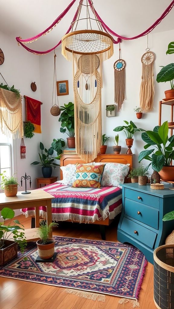 A cozy boho style bedroom with colorful decor, plants, and a macrame light fixture.