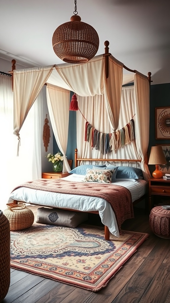 A beautifully styled bohemian bedroom featuring a canopy bed, soft fabrics, and warm decor.