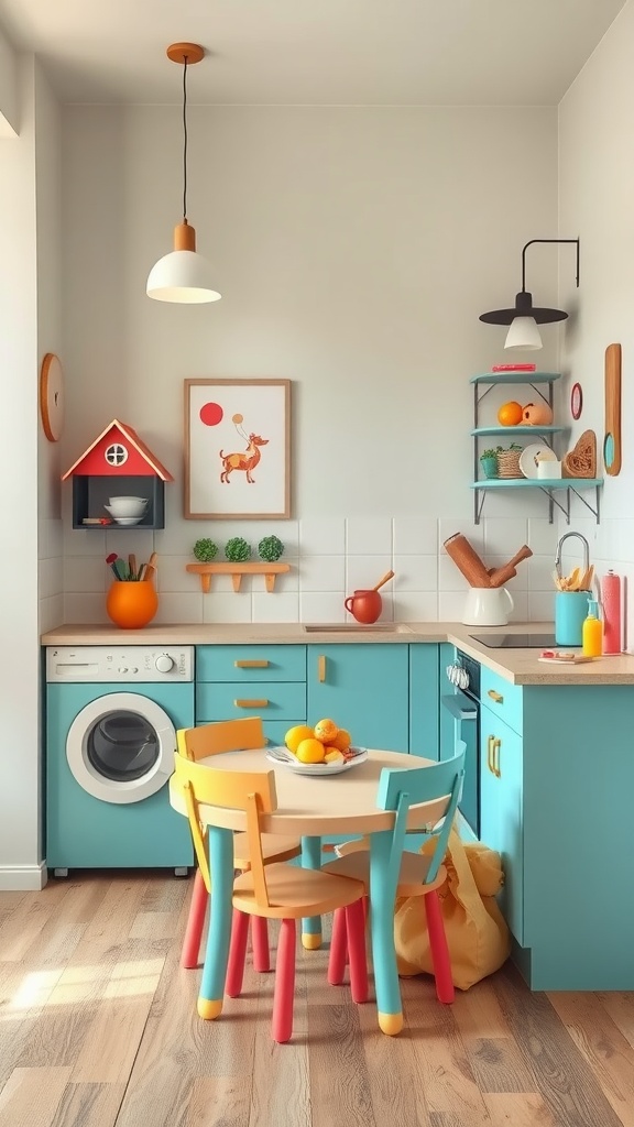 A colorful and playful kitchen nook designed for children, featuring a small table with vibrant chairs, decorative shelves, and whimsical touches.