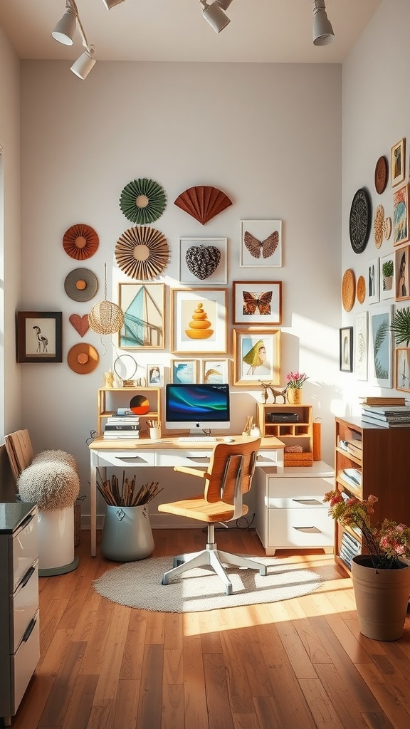 A bright and creative office-craft room combo featuring a desk, computer, and an array of colorful wall art.