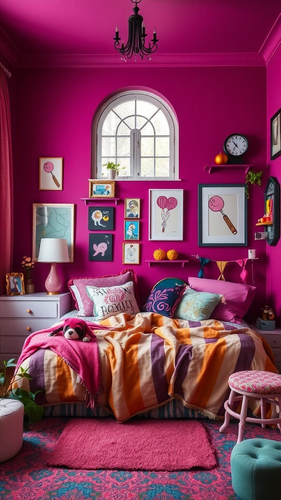 A whimsical dark fuchsia bedroom featuring vibrant walls, playful decor, and colorful textiles.