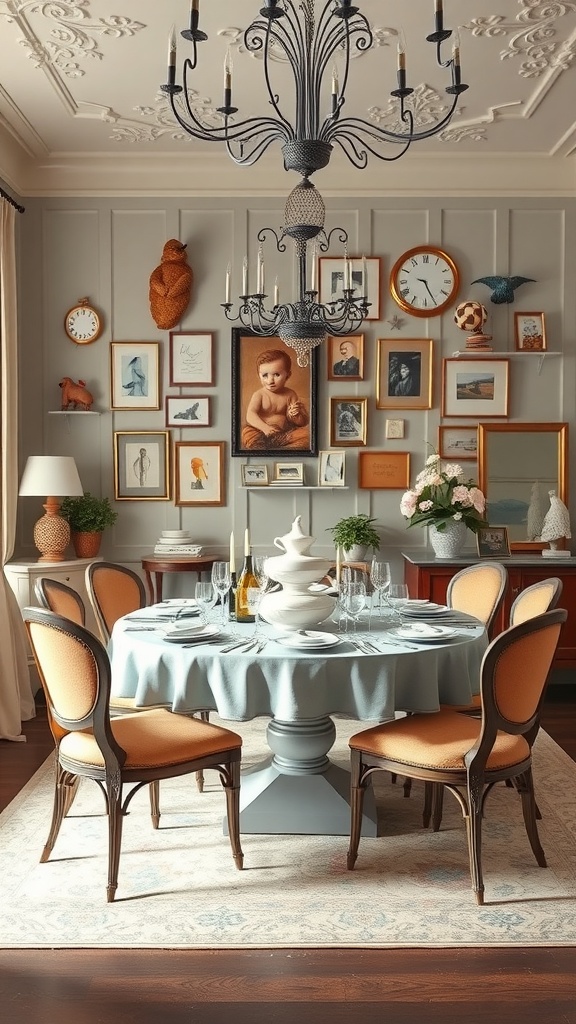 A luxurious Italian dining room featuring whimsical decor elements, including a round table, elegant chairs, and a beautifully designed chandelier.