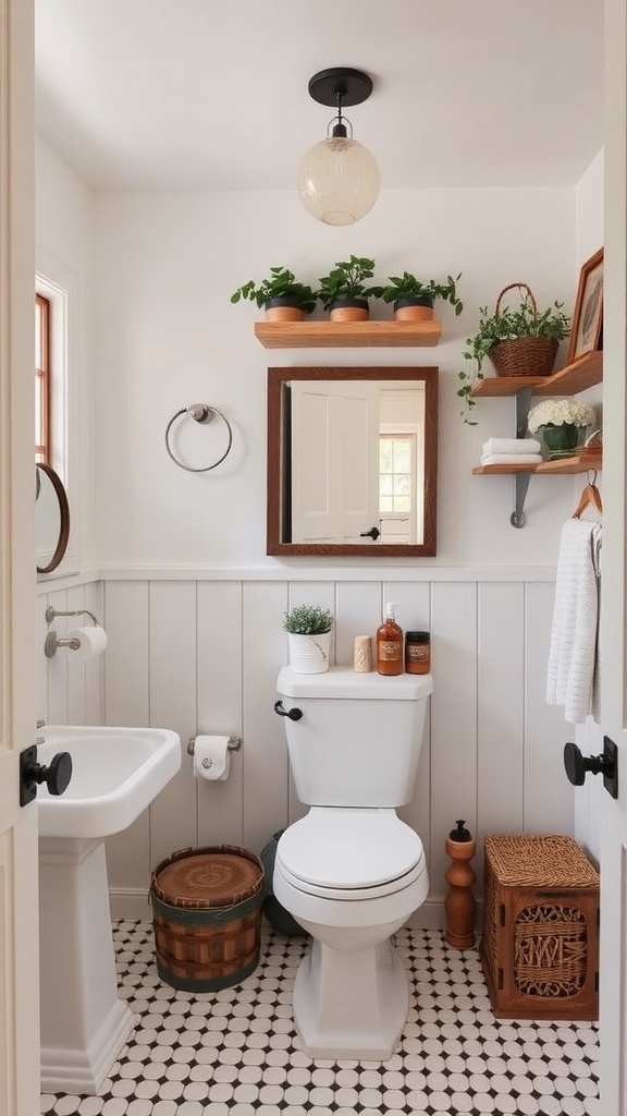 A charming farmhouse bathroom with whimsical decor touches, featuring plants, a wooden mirror, and patterned tiles.