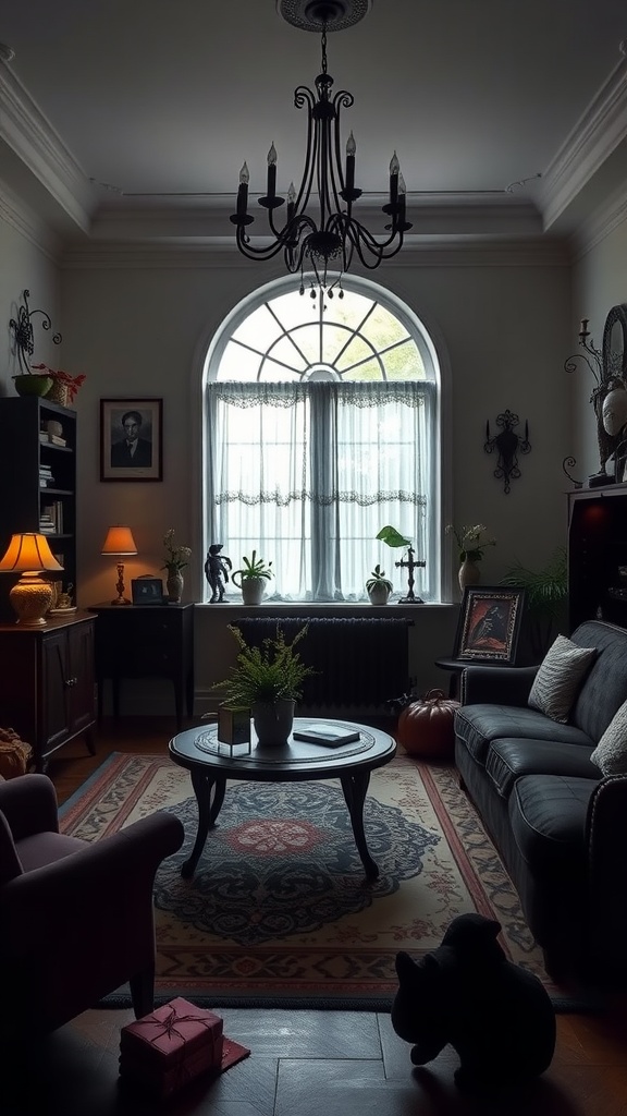 A dark and cozy living room featuring Gothic decor with modern elements, showcasing a chandelier, large arched window, dark sofa, and whimsical decor.