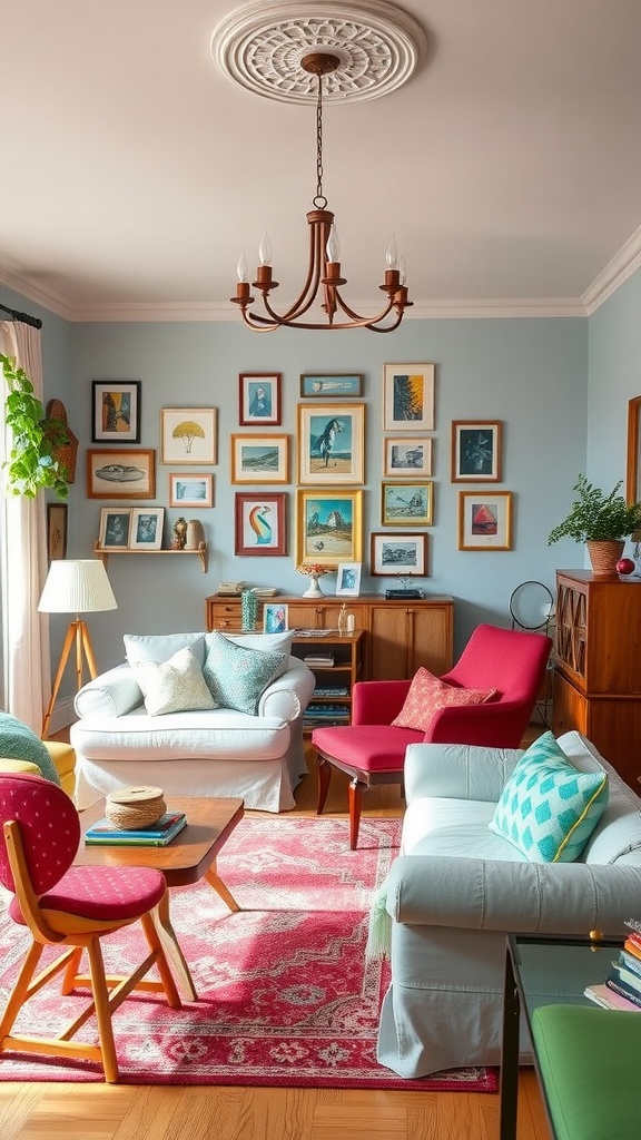 Cozy living room with colorful furniture and a gallery wall of framed art.