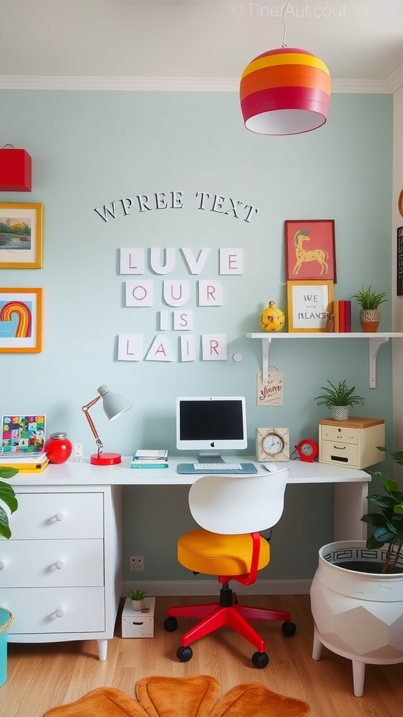 Colorful home office space with a modern desk, playful decor, and plants.