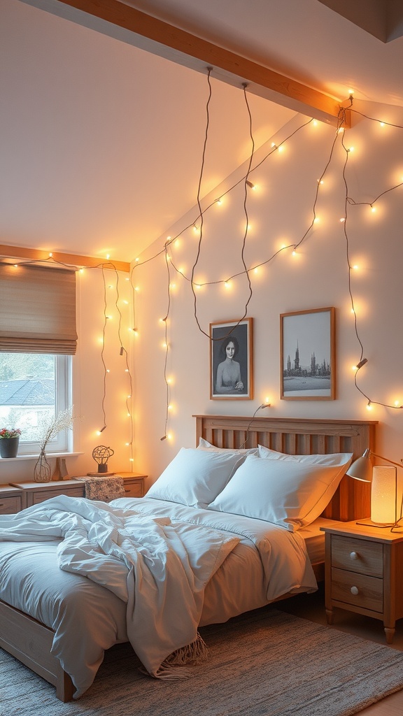 A cozy bedroom decorated with whimsical fairy lights, creating a warm atmosphere.