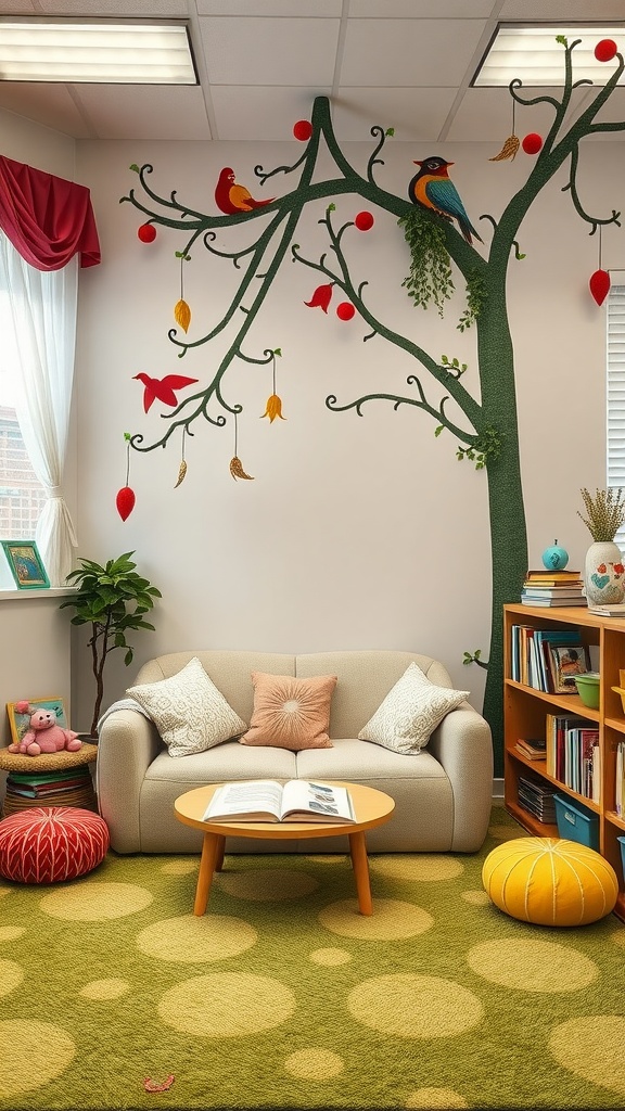 Cozy classroom reading corner with a tree mural, comfy couch, and colorful decor