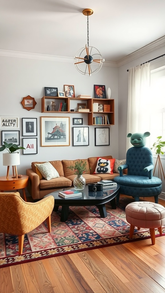 A cozy living room featuring a mix of whimsical furniture pieces, including a brown sofa, a blue chair, and a quirky bear chair, complemented by a round coffee table and art-filled walls.