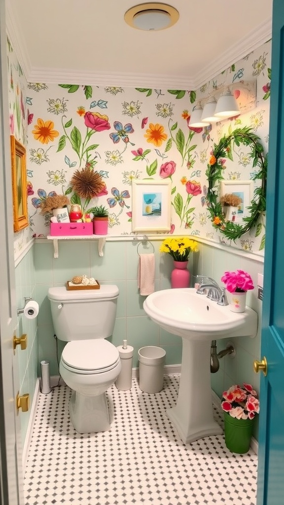 A colorful bathroom featuring floral wallpaper, a white sink, a toilet, and decorative plants.