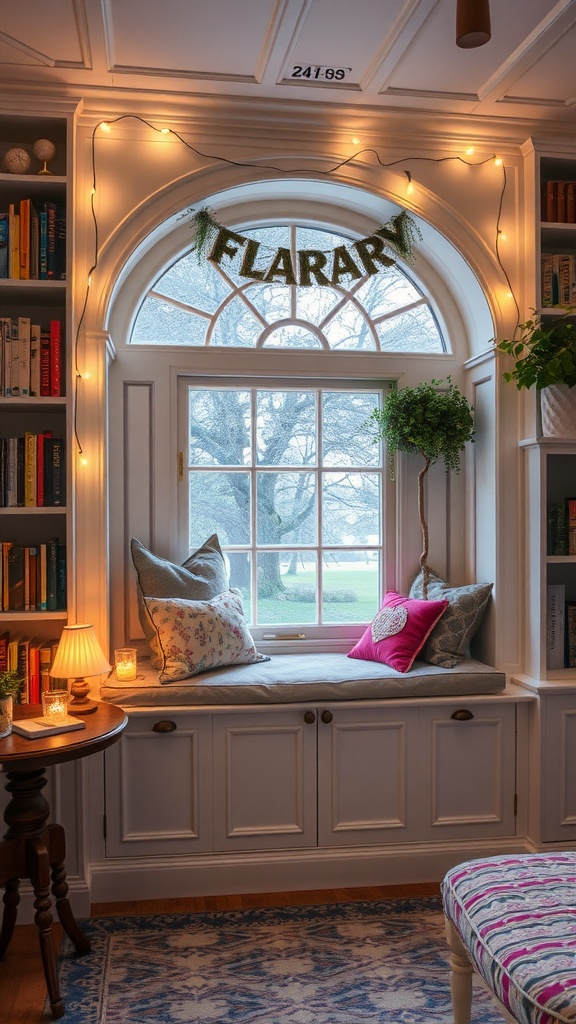 Cozy window seat in a whimsical library with soft pillows and warm lighting.