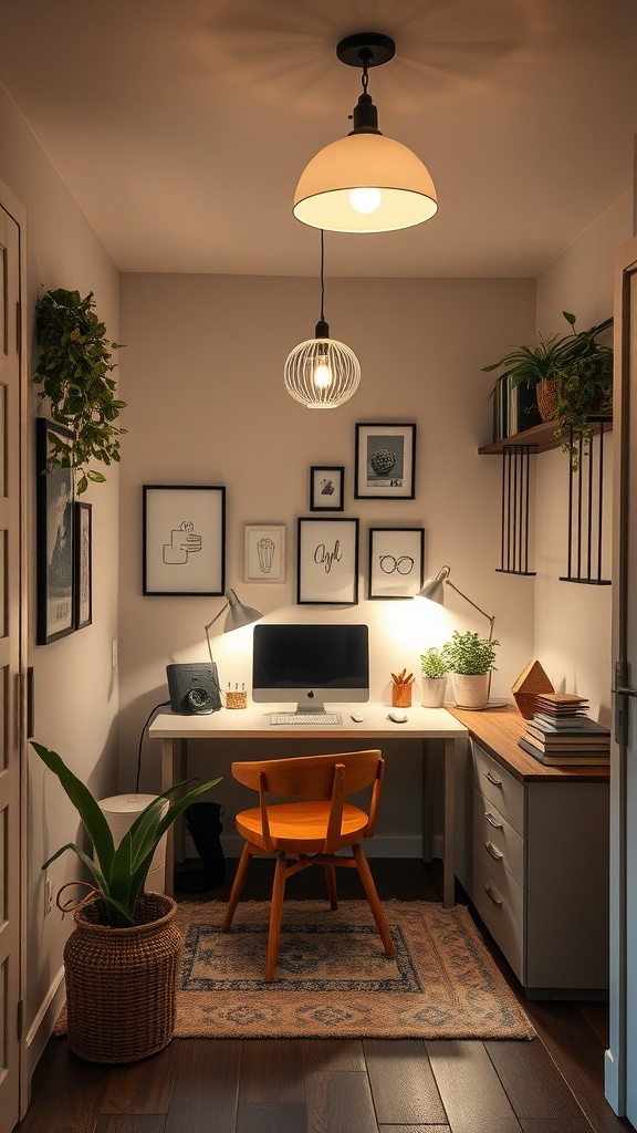 A cozy small home office with whimsical lighting fixtures, featuring a stylish ceiling light and a hanging bulb, complemented by plants and a wooden desk.