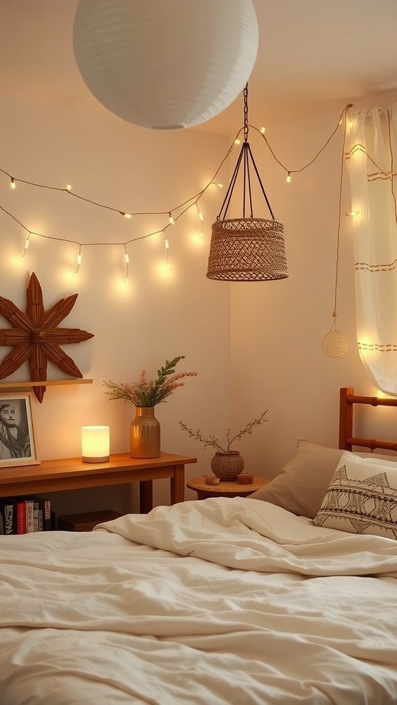 A cozy Boho bedroom with soft lighting, including fairy lights, a woven pendant lamp, and a candle lamp on the bedside table.