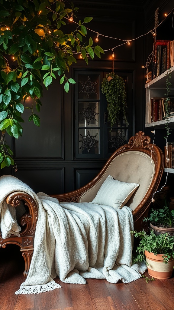 Cozy nook with vintage chaise lounge, soft blanket, green plants, and fairy lights.