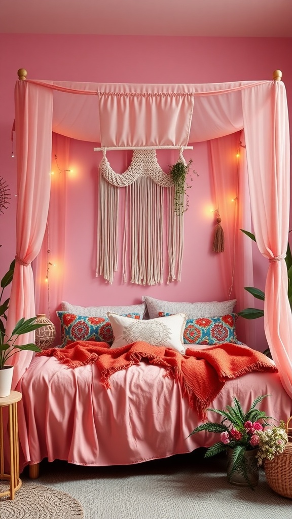 A cozy Pink Boho Style Bedroom featuring a draped bed canopy, vibrant pillows, and soft lighting.