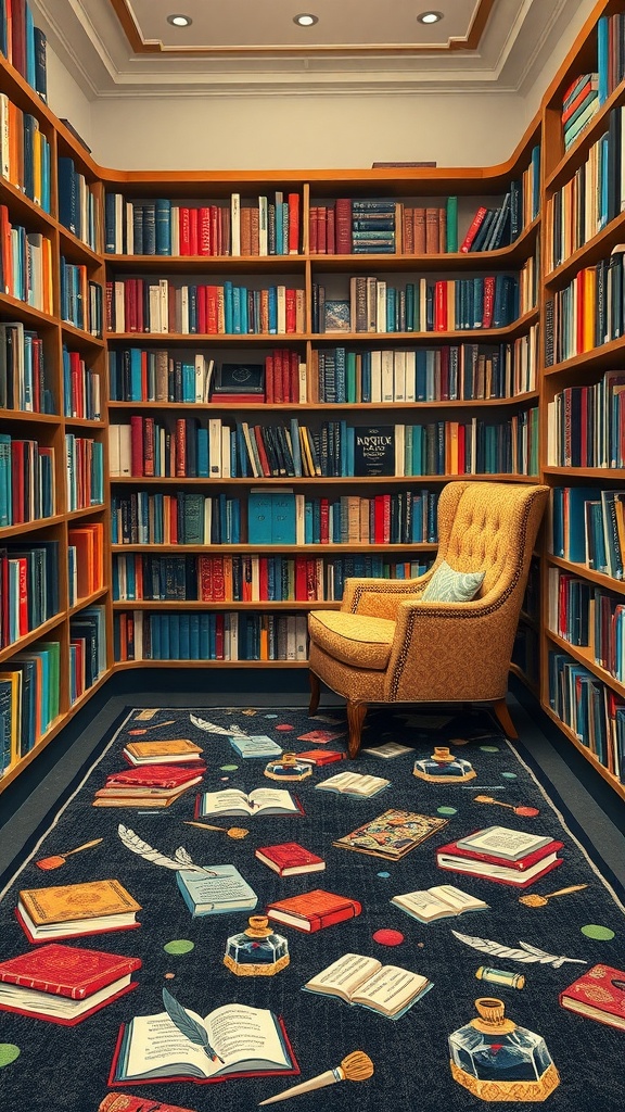 A cozy library corner with colorful bookshelves and a whimsical rug featuring books and ink bottles.
