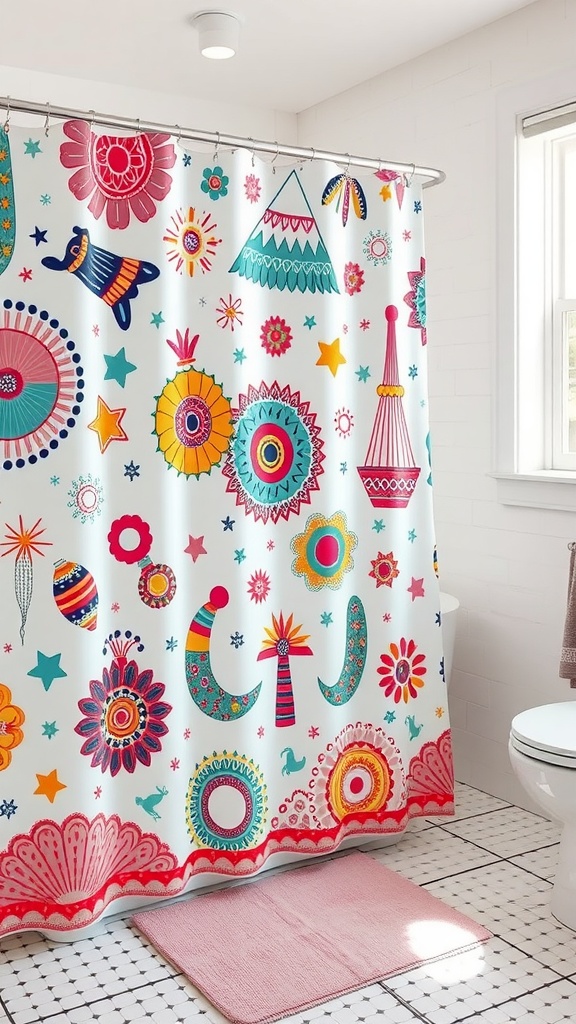 Colorful and playful shower curtain with various patterns and designs