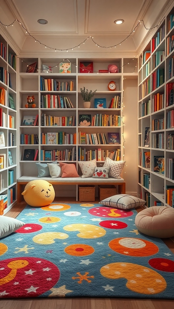 A cozy children's reading nook featuring a colorful rug, plush cushions, and bookshelves filled with children's books.