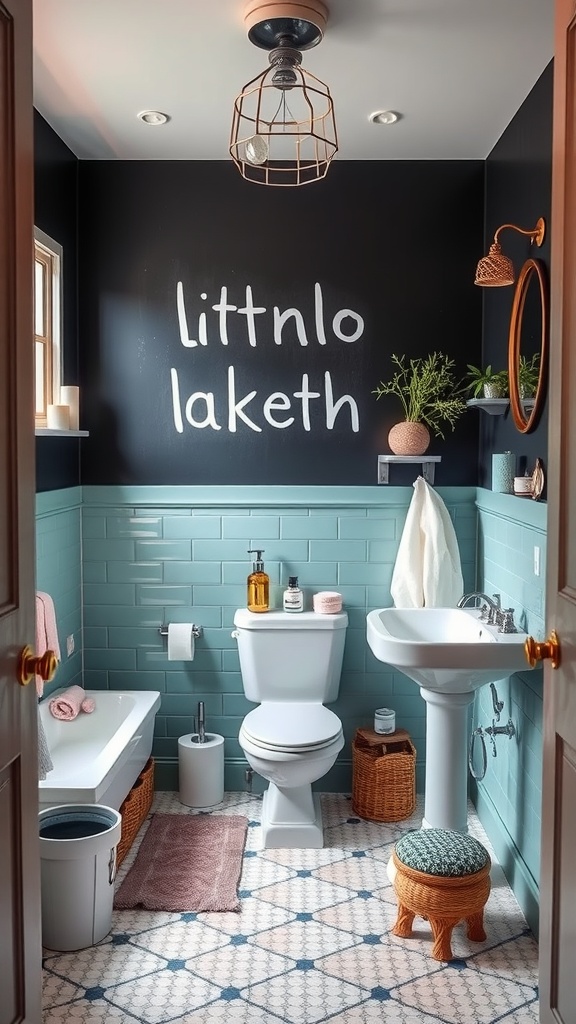 A playful bathroom with turquoise tiles, a black wall with handwritten text, and whimsical accessories