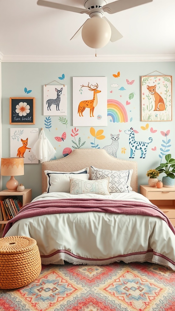 A cozy boho-style toddler bedroom featuring whimsical wall art with animal prints and nature elements.