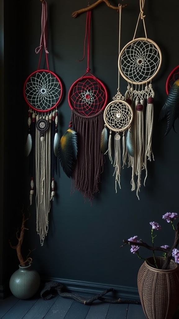 A collection of dreamcatchers with intricate patterns and feathers hanging on a dark wall.