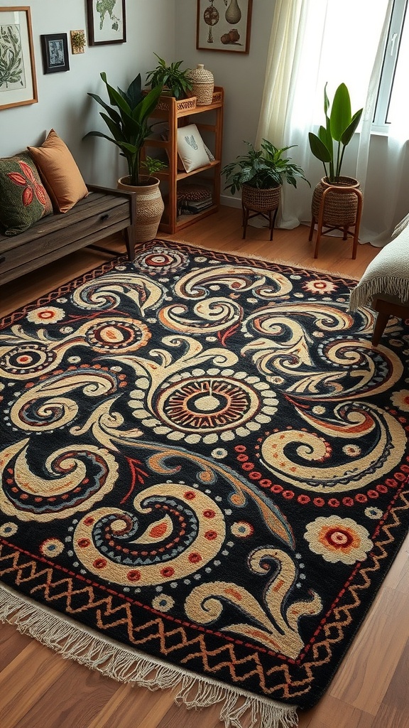 A colorful Boho style rug with swirling patterns on a wooden floor, surrounded by plants and natural decor.