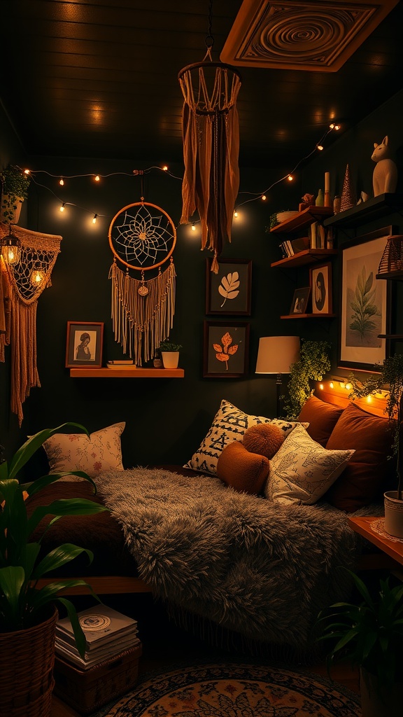 Cozy Black Boho bedroom featuring dark walls, fairy lights, plush pillows, and wall decor