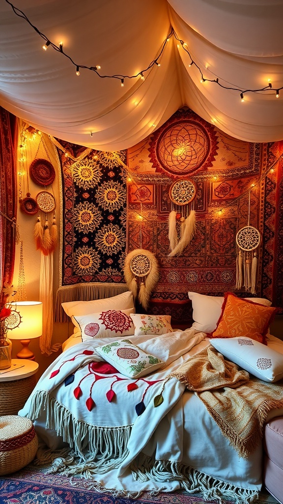 A cozy Boho bedroom featuring colorful tapestries, fairy lights, and textured bedding, creating a warm and inviting atmosphere.