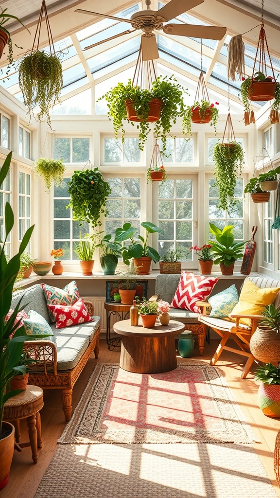 A bright and inviting boho style sunroom with hanging plants, colorful cushions, and a cozy seating arrangement.