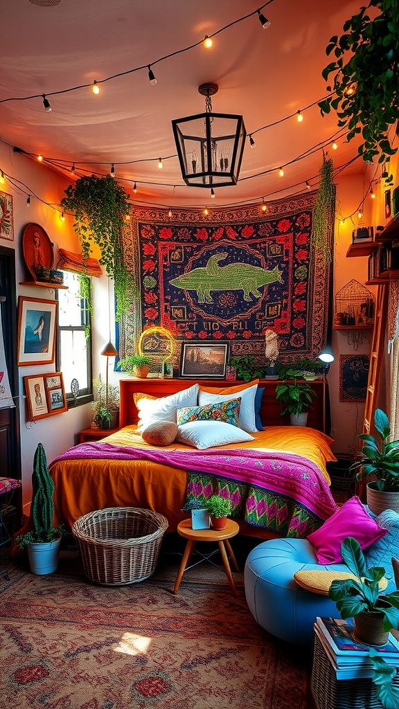 A colorful Boho style bedroom featuring a vibrant tapestry, cozy bed with colorful pillows, plants, and warm string lights.