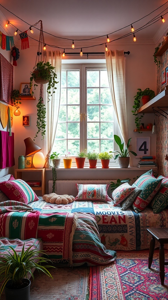 A cozy boho bedroom for teens with colorful bedding, plants, and warm lighting.